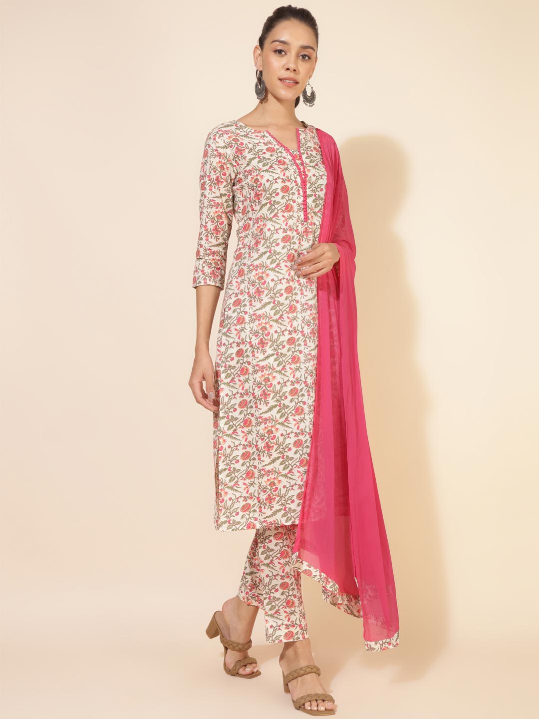 Off White Cotton Floral Regular Kurta Pant Set  - By Janasya