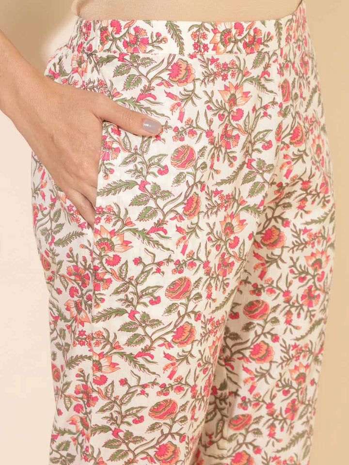 Off White Cotton Floral Regular Kurta Pant Set  - By Janasya