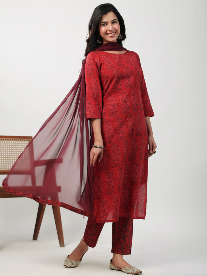 Maroon Cotton Paisley Regular Kurta Pant Set  - By Janasya