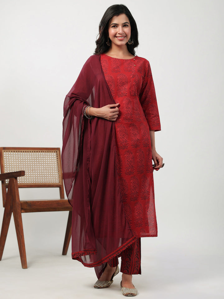 Maroon Cotton Paisley Regular Kurta Pant Set  - By Janasya