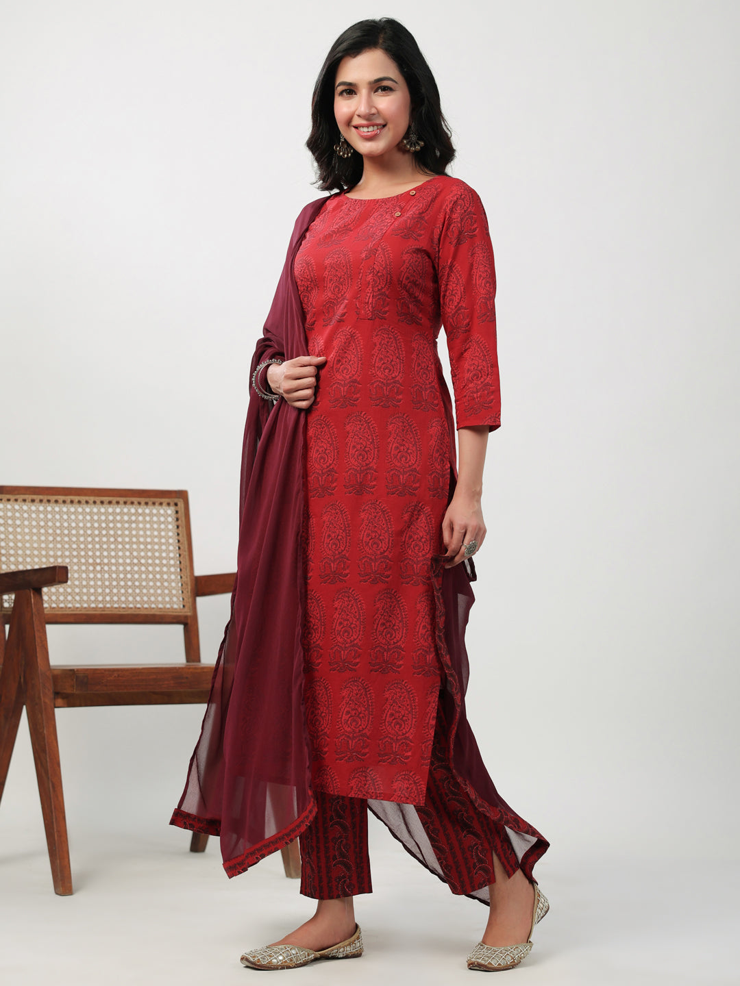 Maroon Cotton Paisley Regular Kurta Pant Set  - By Janasya