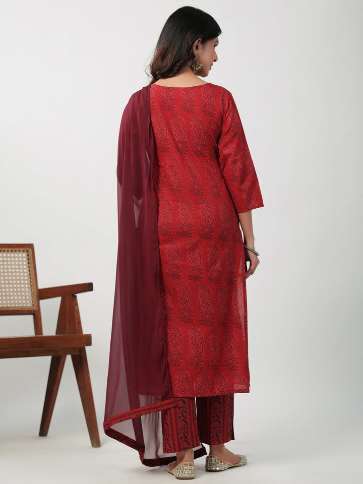 Maroon Cotton Paisley Regular Kurta Pant Set  - By Janasya