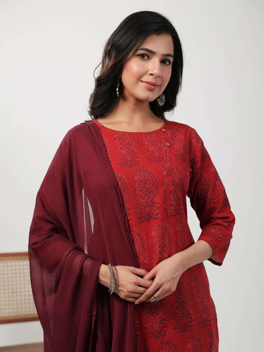 Maroon Cotton Paisley Regular Kurta Pant Set  - By Janasya