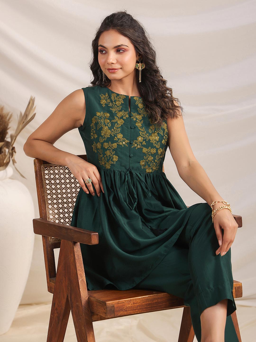 Green Chinnon Yoke Embroidery Co ord Set  - By Janasya