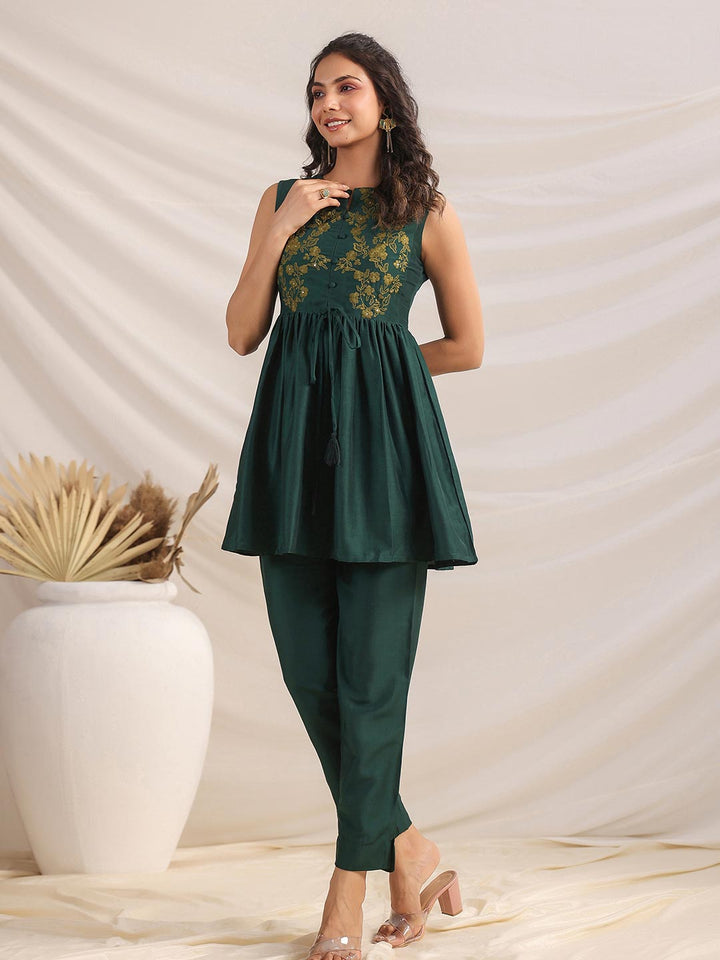 Green Chinnon Yoke Embroidery Co ord Set  - By Janasya