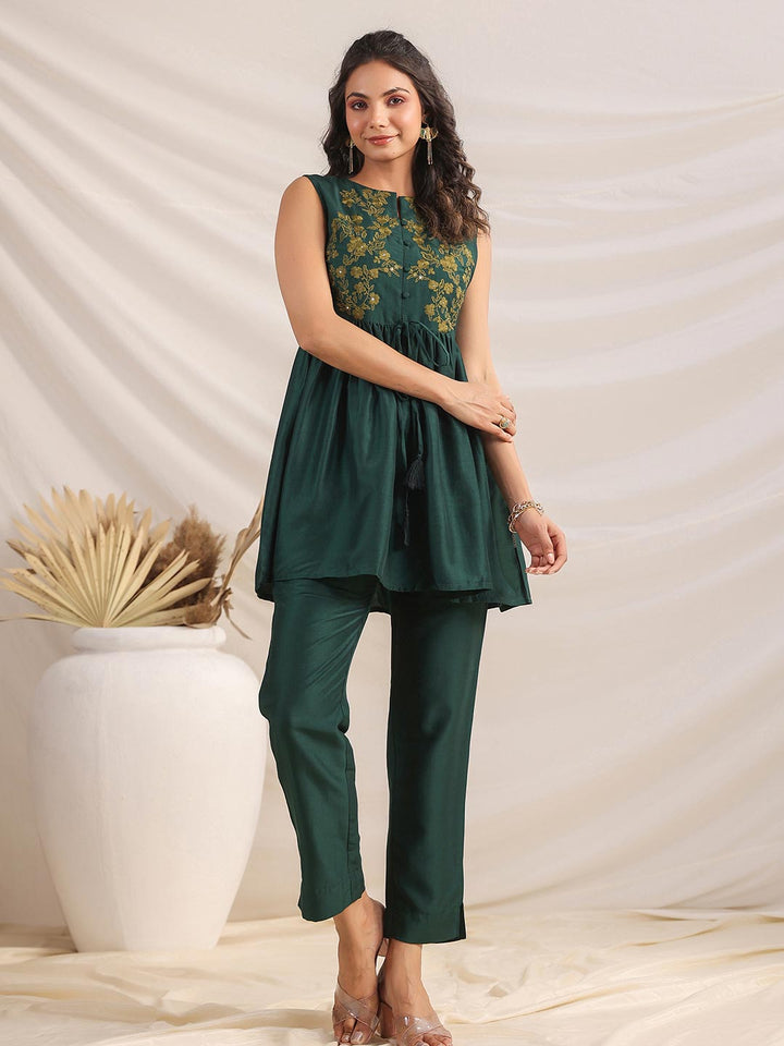 Green Chinnon Yoke Embroidery Co ord Set  - By Janasya