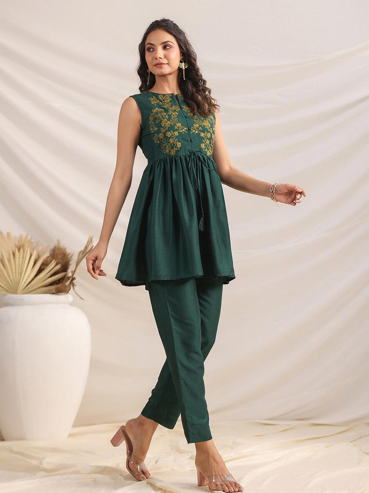 Green Chinnon Yoke Embroidery Co ord Set  - By Janasya