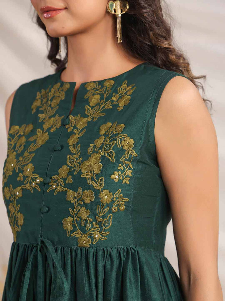 Green Chinnon Yoke Embroidery Co ord Set  - By Janasya