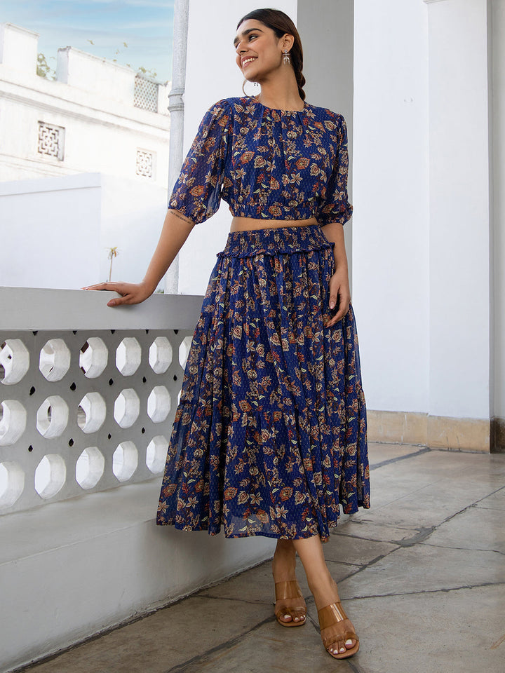 Blue Georgette Floral Co-ord Set  - By Janasya