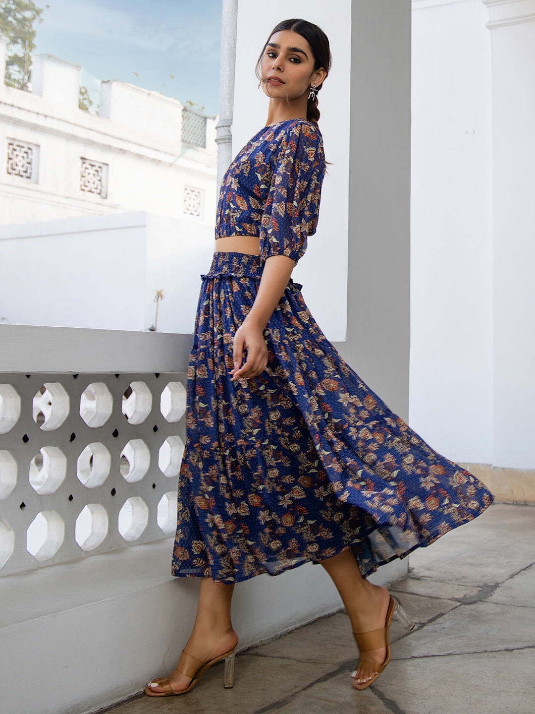 Blue Georgette Floral Co-ord Set  - By Janasya