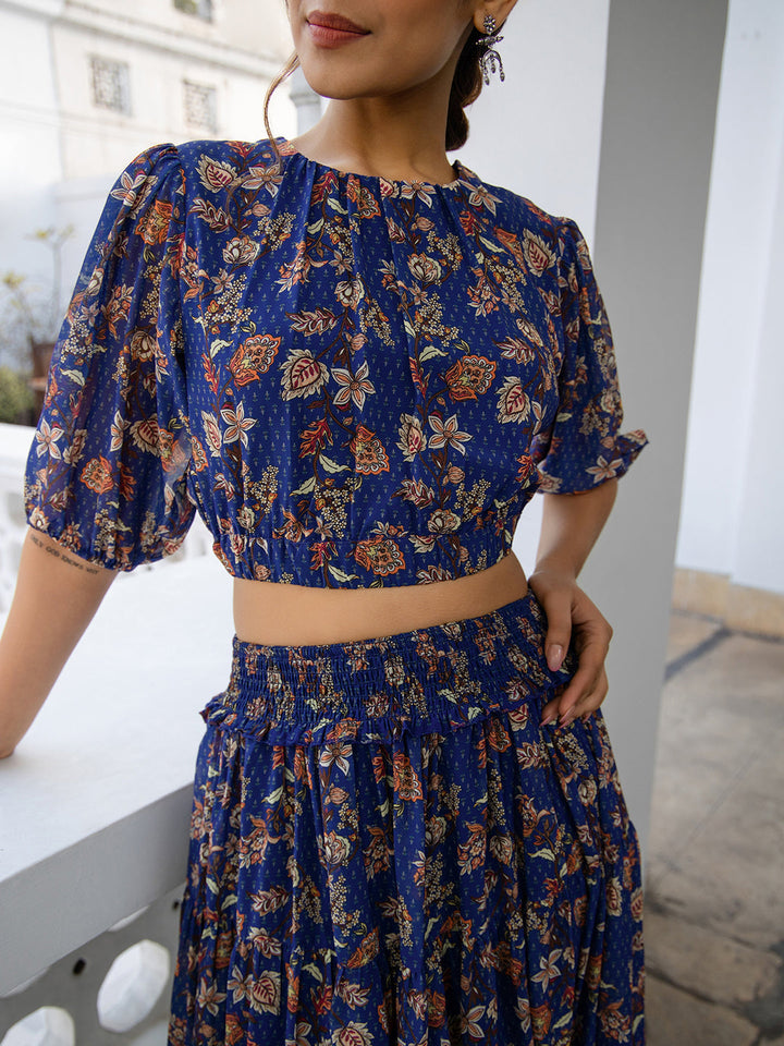 Blue Georgette Floral Co-ord Set  - By Janasya