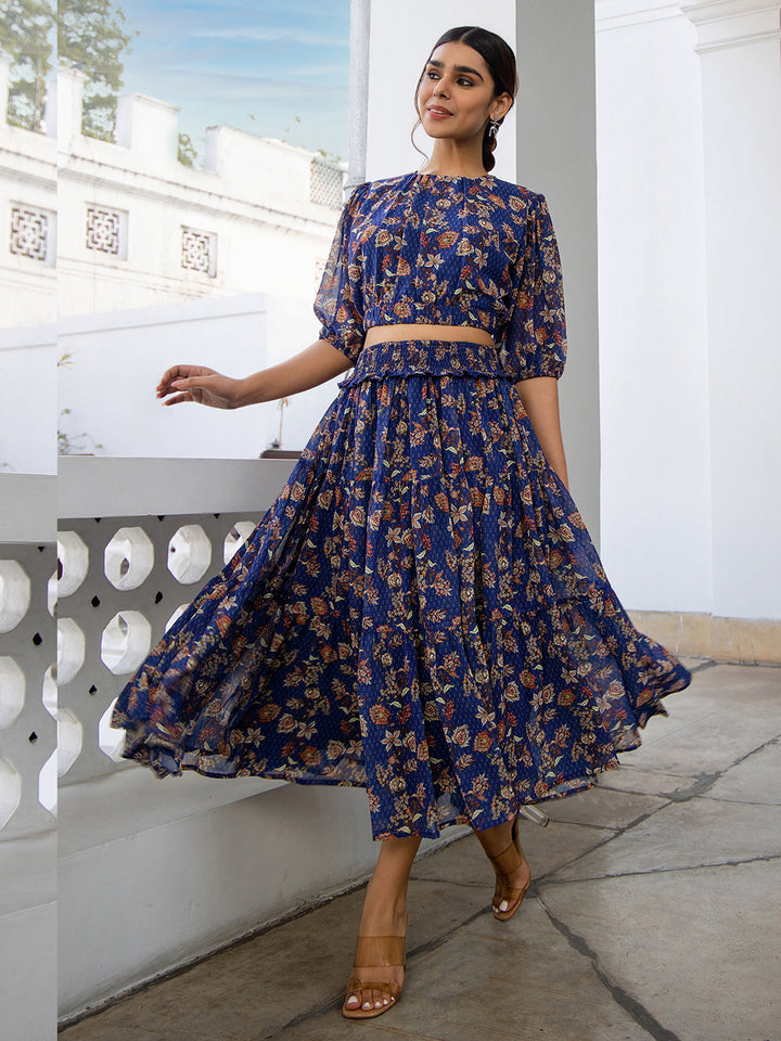 Blue Georgette Floral Co-ord Set  - By Janasya