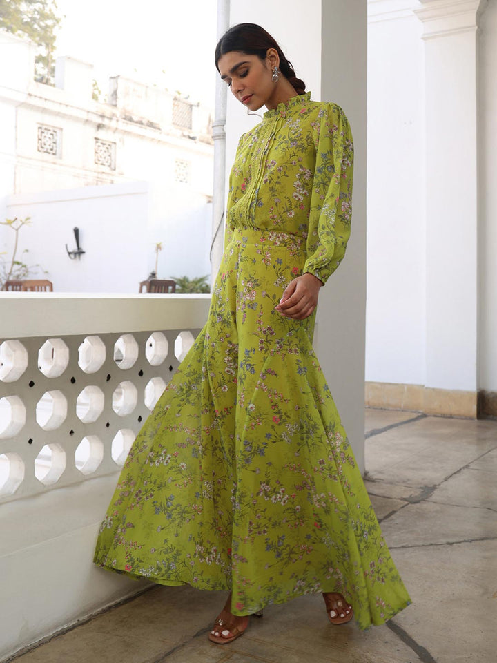 Lime Green Georgette Floral Regular Co-ord Set  - By Janasya