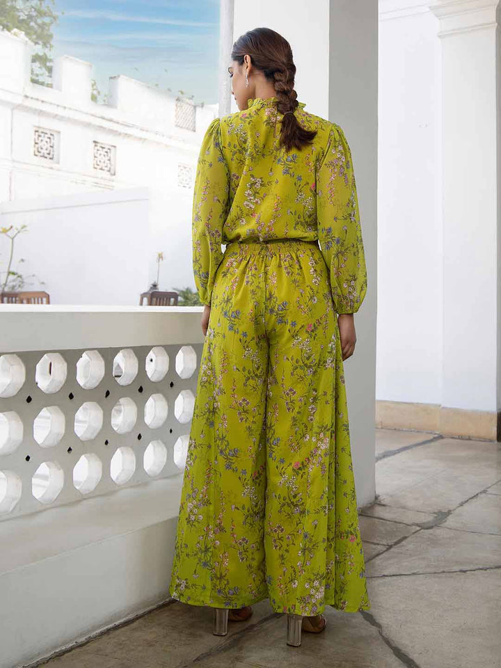 Lime Green Georgette Floral Regular Co-ord Set  - By Janasya