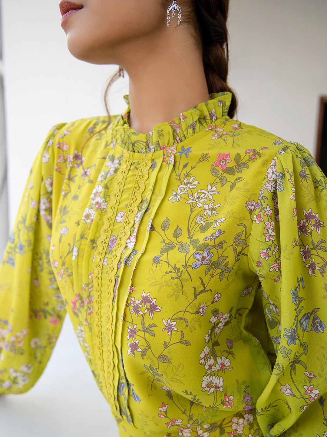 Lime Green Georgette Floral Regular Co-ord Set  - By Janasya