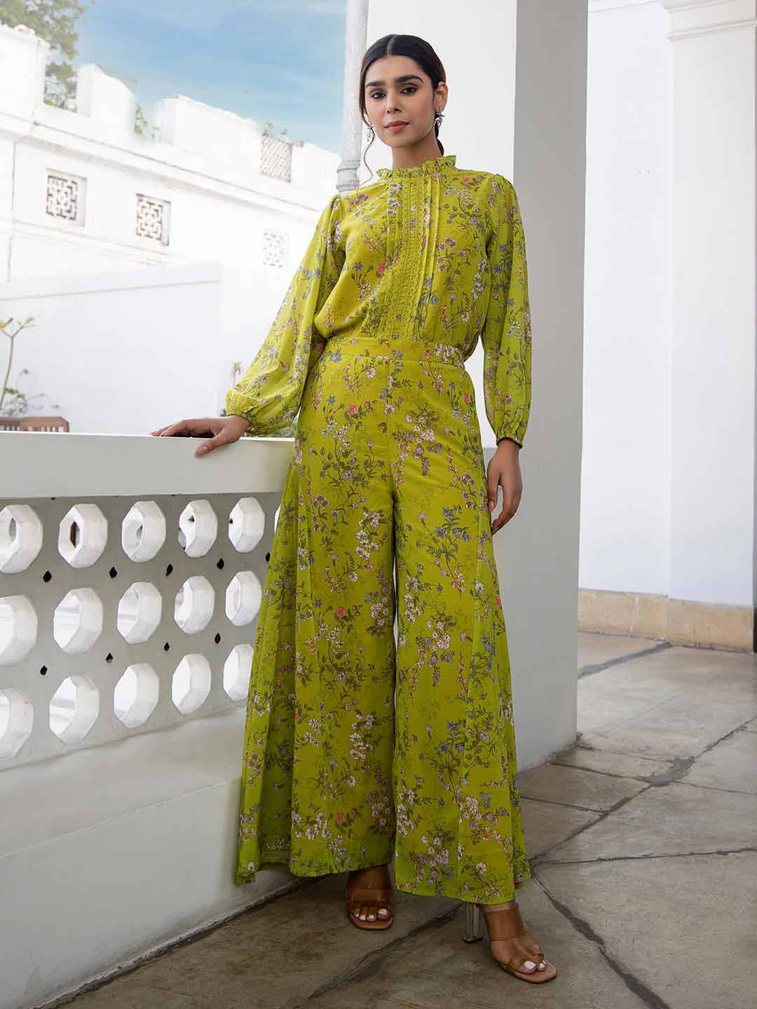 Lime Green Georgette Floral Regular Co-ord Set  - By Janasya