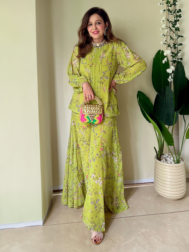 Lime Green Georgette Floral Regular Co-ord Set  - By Janasya