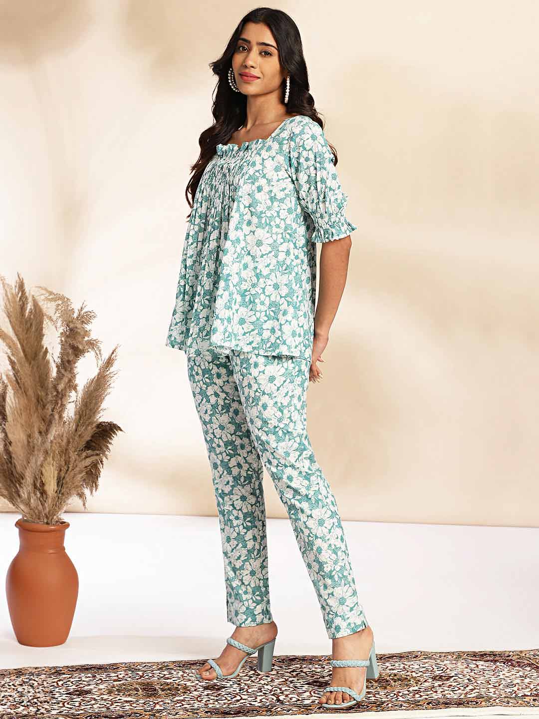 Mint Cotton Floral A-Line Co-ord Set  - By Janasya