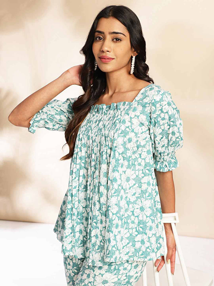 Mint Cotton Floral A-Line Co-ord Set  - By Janasya