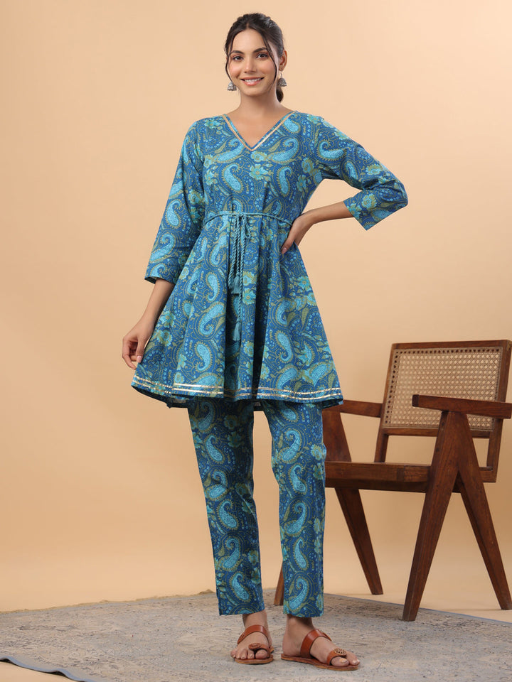 Dark Blue Cotton Paisley Flared Co-ord Set  - By Janasya