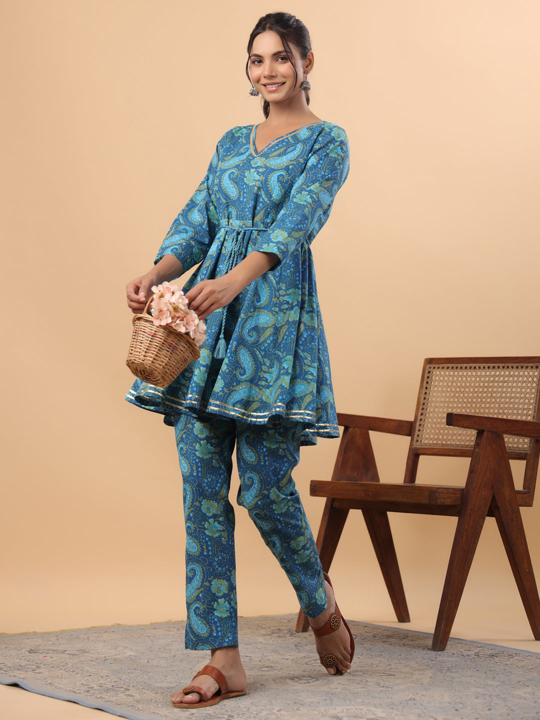 Dark Blue Cotton Paisley Flared Co-ord Set  - By Janasya