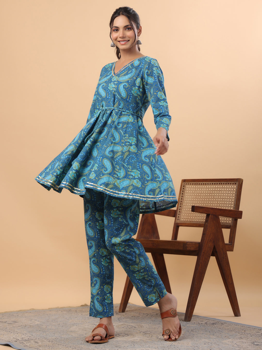 Dark Blue Cotton Paisley Flared Co-ord Set  - By Janasya