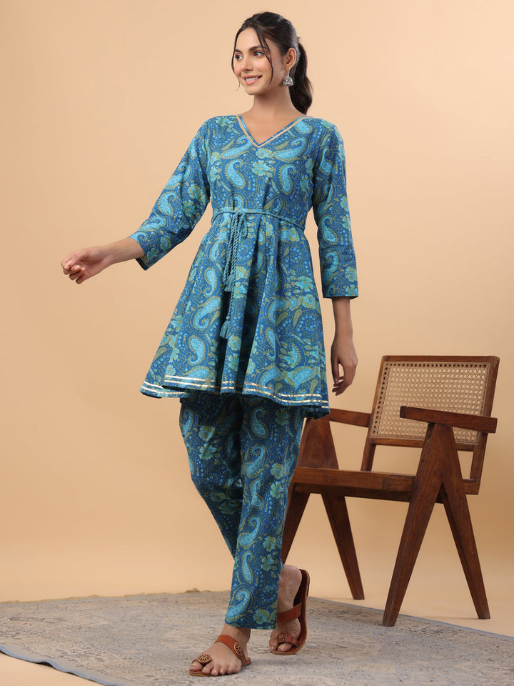 Dark Blue Cotton Paisley Flared Co-ord Set  - By Janasya