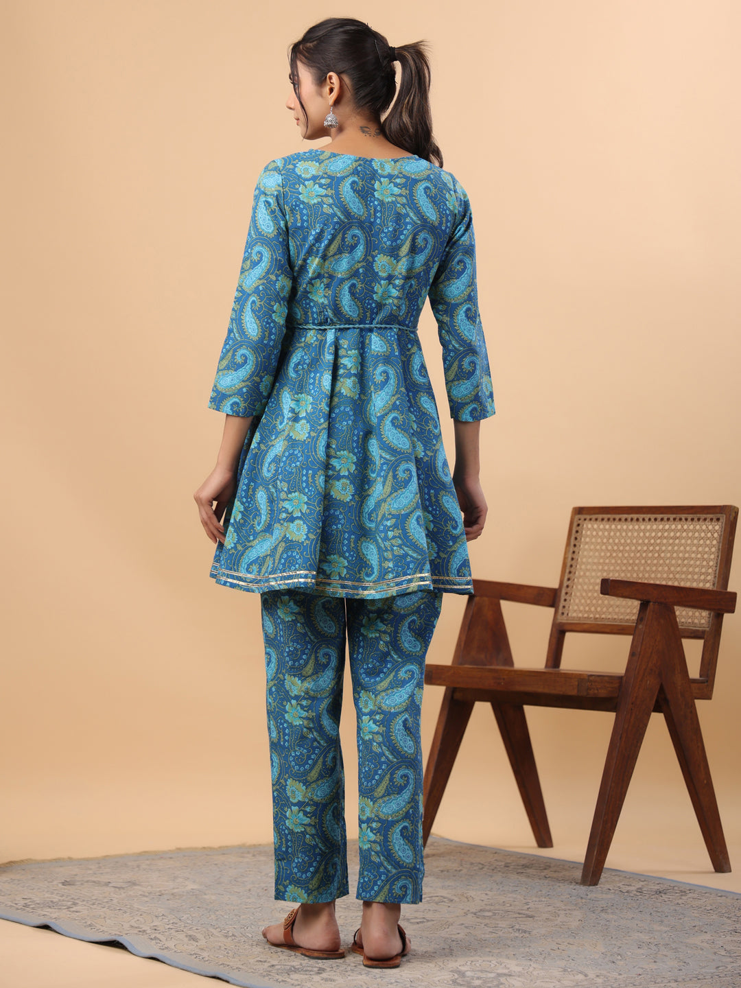 Dark Blue Cotton Paisley Flared Co-ord Set  - By Janasya