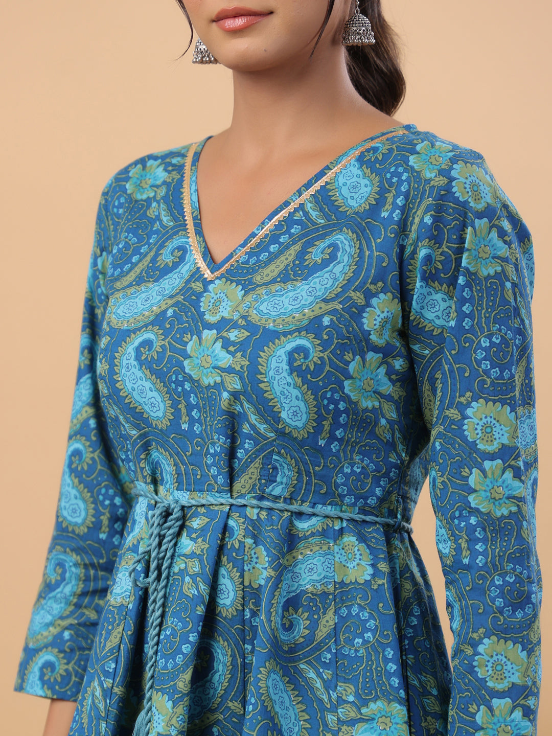 Dark Blue Cotton Paisley Flared Co-ord Set  - By Janasya