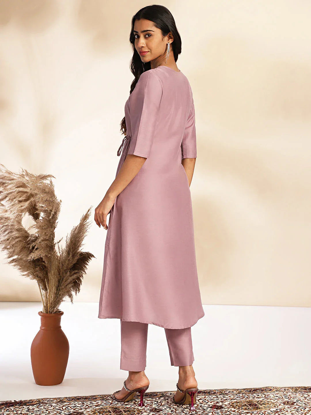 Lavender Silk Blend Solid Angrakha Kurta Set