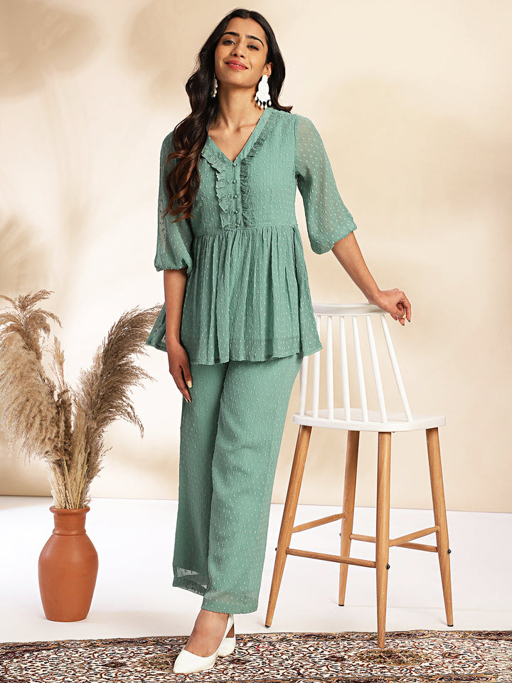 Sage Dobby Chiffon Woven Design Peplum Co-ord Set  - By Janasya