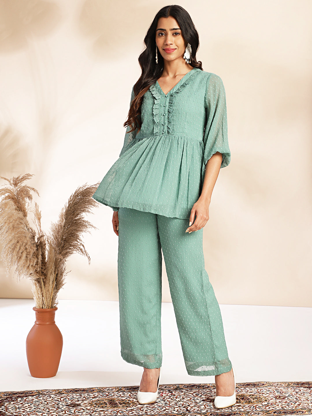 Sage Dobby Chiffon Woven Design Peplum Co-ord Set  - By Janasya