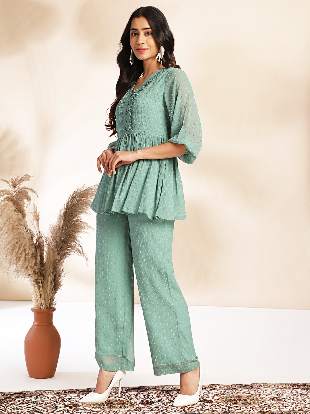 Sage Dobby Chiffon Woven Design Peplum Co-ord Set  - By Janasya