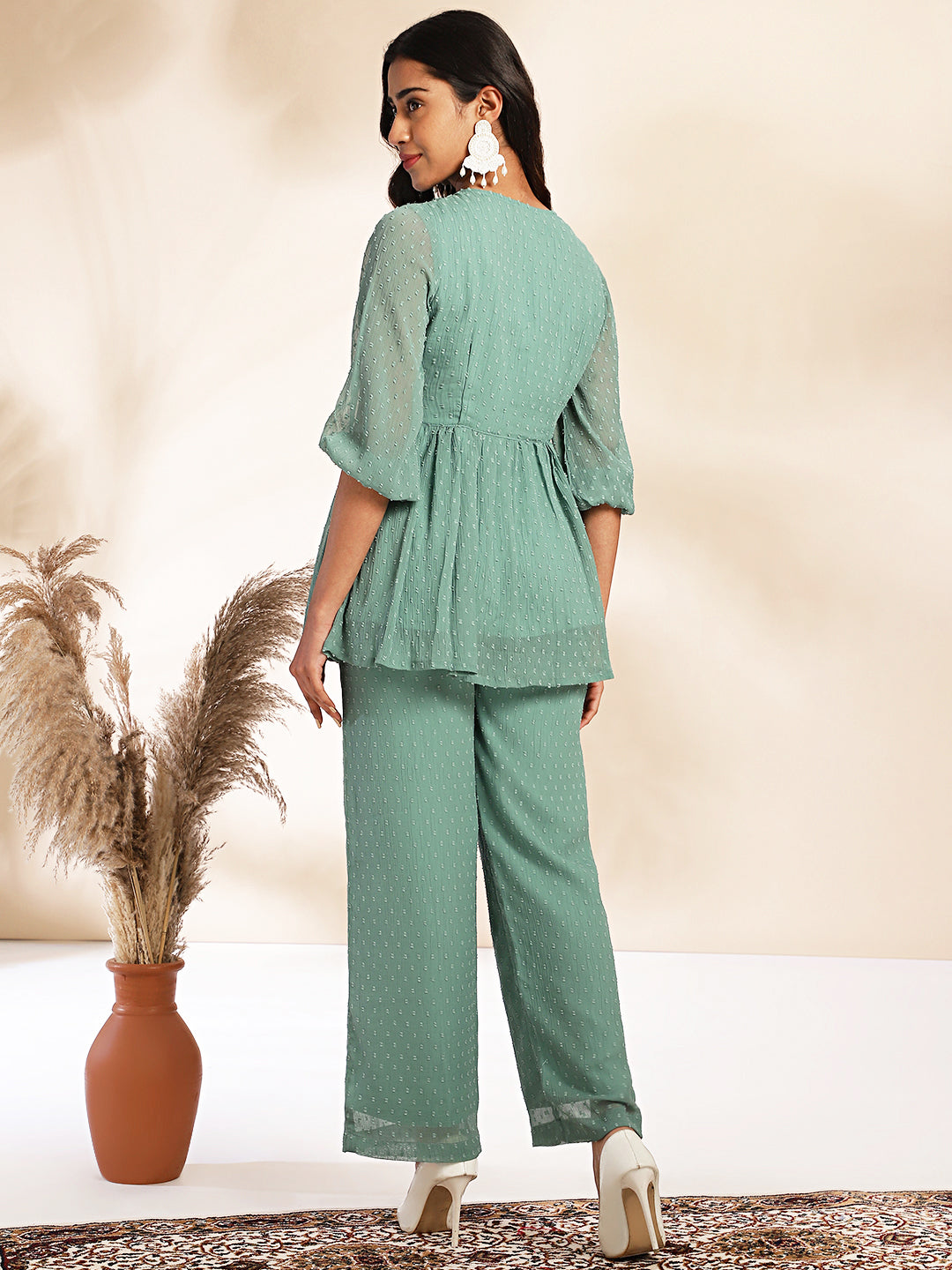 Sage Dobby Chiffon Woven Design Peplum Co-ord Set  - By Janasya