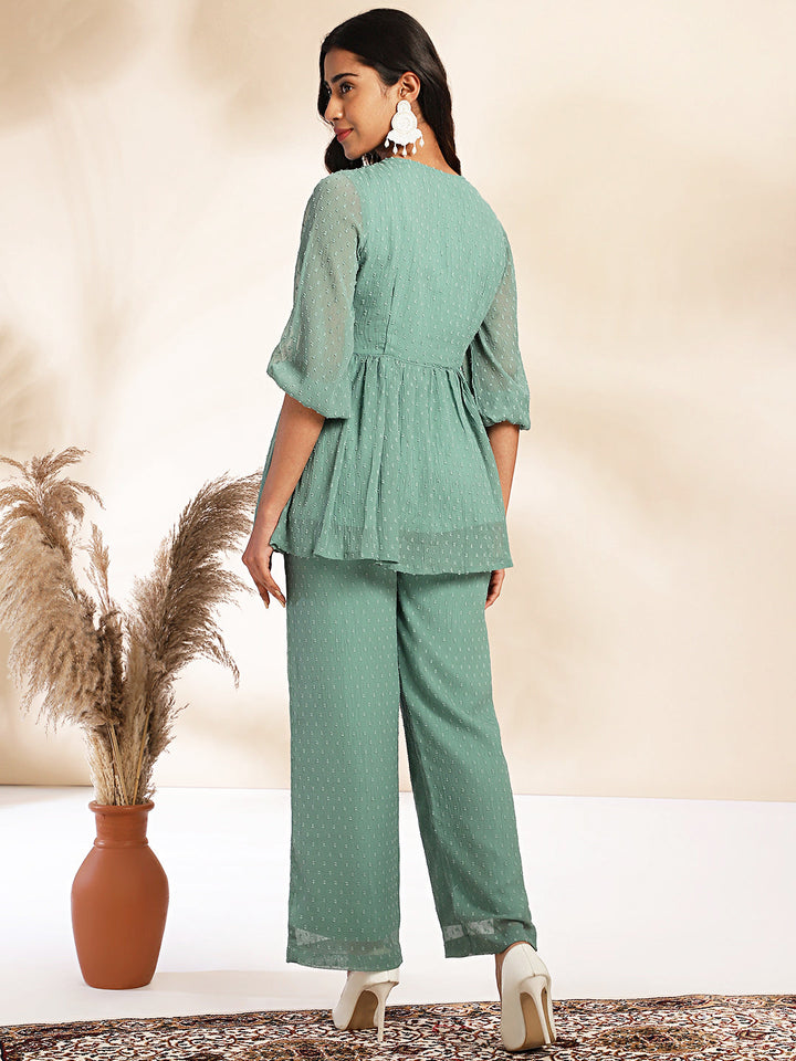 Sage Dobby Chiffon Woven Design Peplum Co-ord Set  - By Janasya