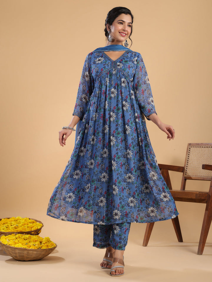 Blue Lurex Chiffon Floral Gathered Kurta Pant Set  - By Janasya