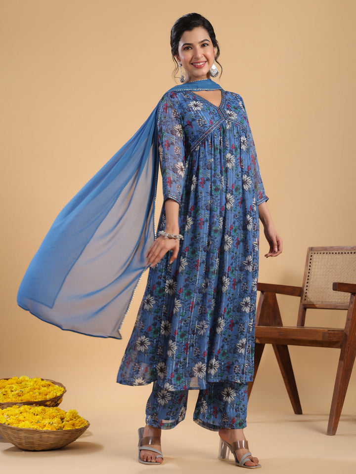 Blue Lurex Chiffon Floral Gathered Kurta Pant Set  - By Janasya