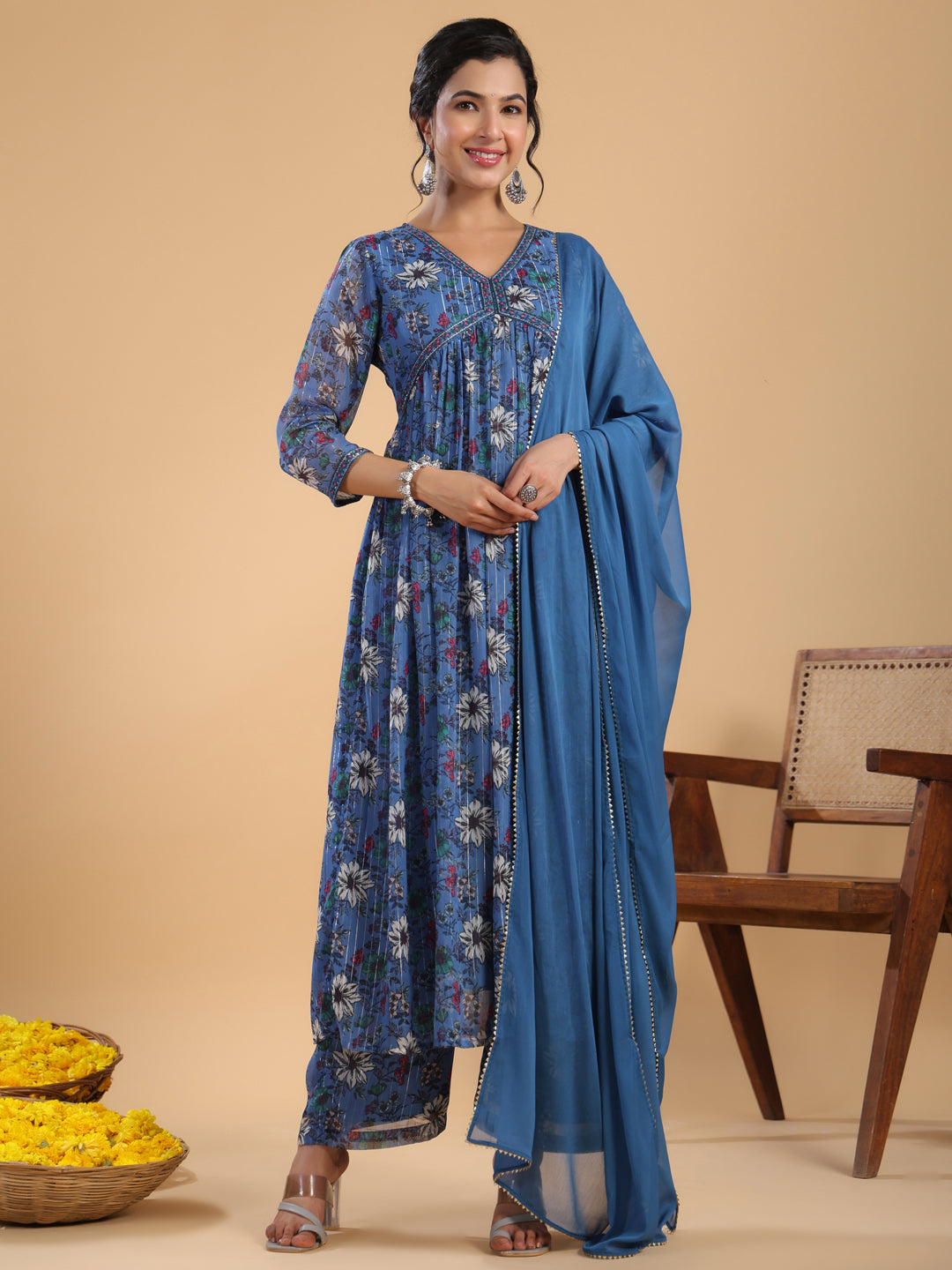 Blue Lurex Chiffon Floral Gathered Kurta Pant Set  - By Janasya