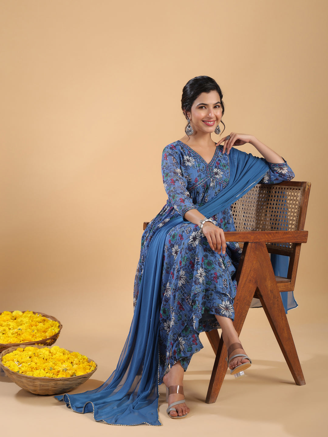 Blue Lurex Chiffon Floral Gathered Kurta Pant Set  - By Janasya