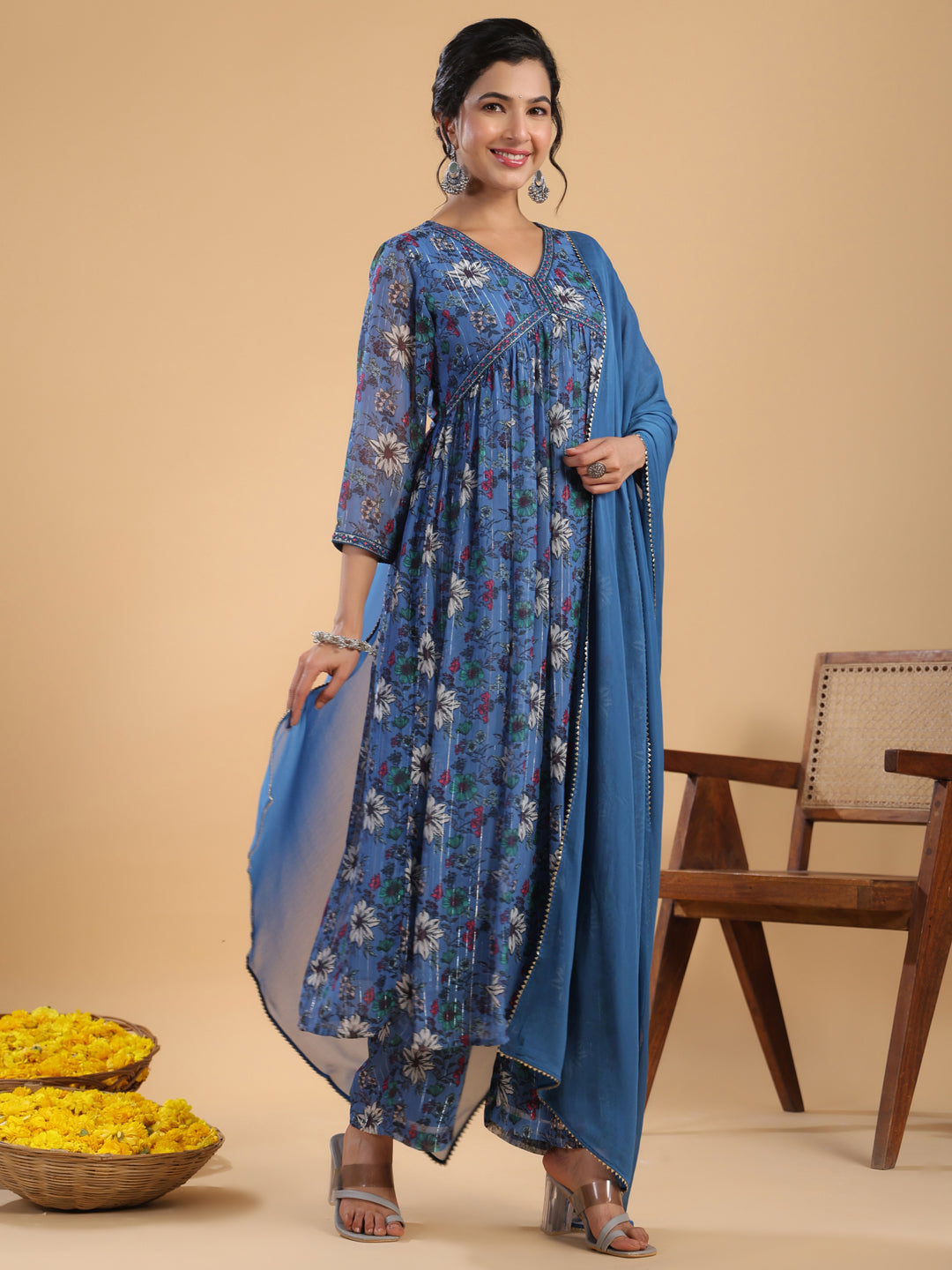 Blue Lurex Chiffon Floral Gathered Kurta Pant Set  - By Janasya