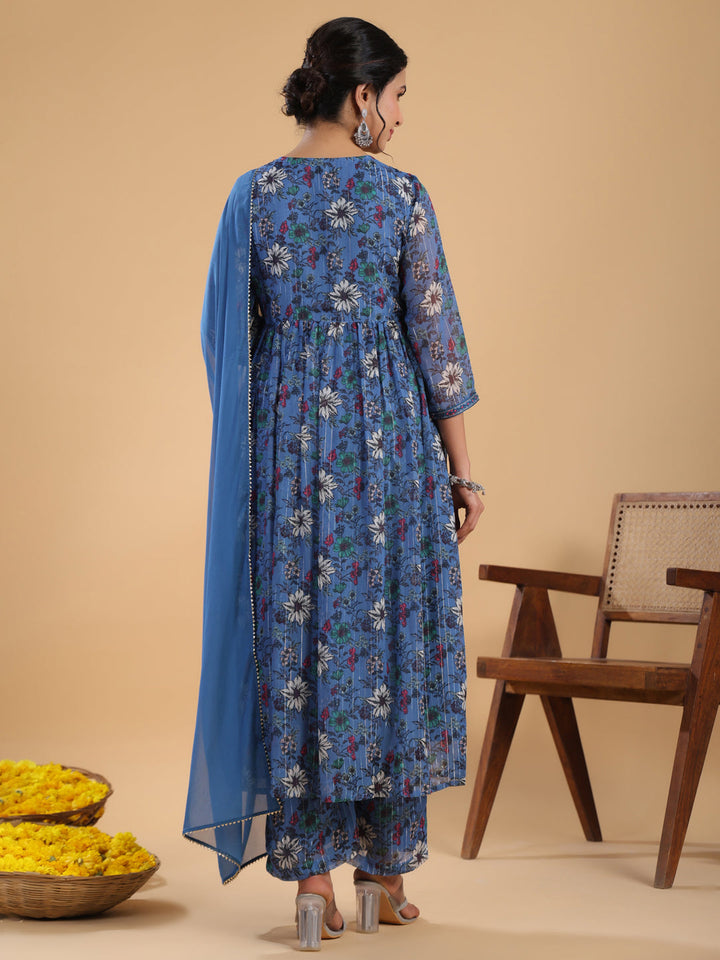 Blue Lurex Chiffon Floral Gathered Kurta Pant Set  - By Janasya