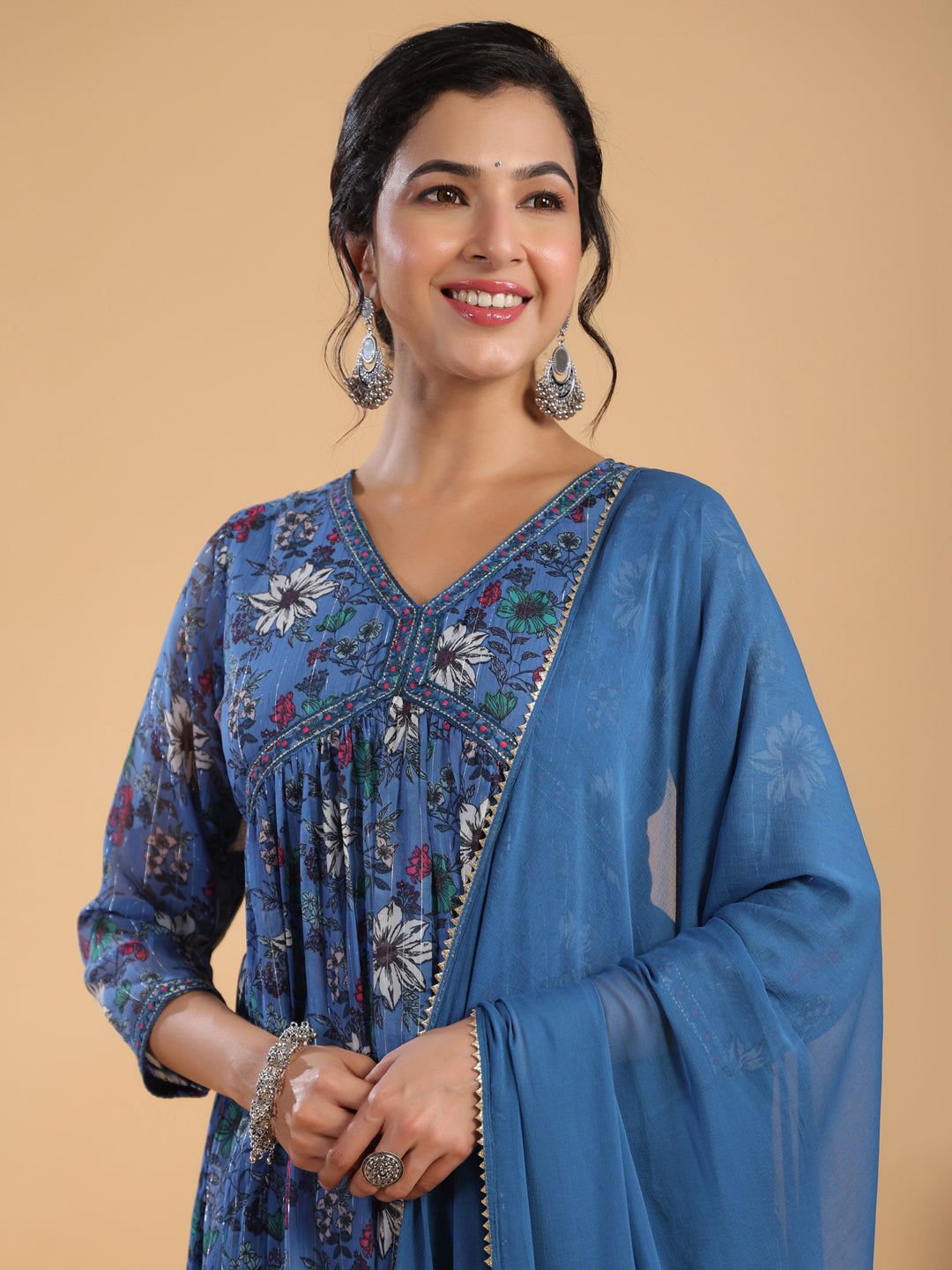 Blue Lurex Chiffon Floral Gathered Kurta Pant Set  - By Janasya