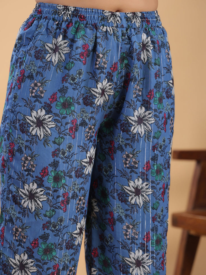 Blue Lurex Chiffon Floral Gathered Kurta Pant Set  - By Janasya