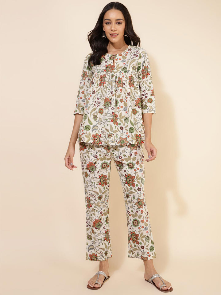 Off White Cotton Floral Pleated Co-Ord Set  - By Janasya