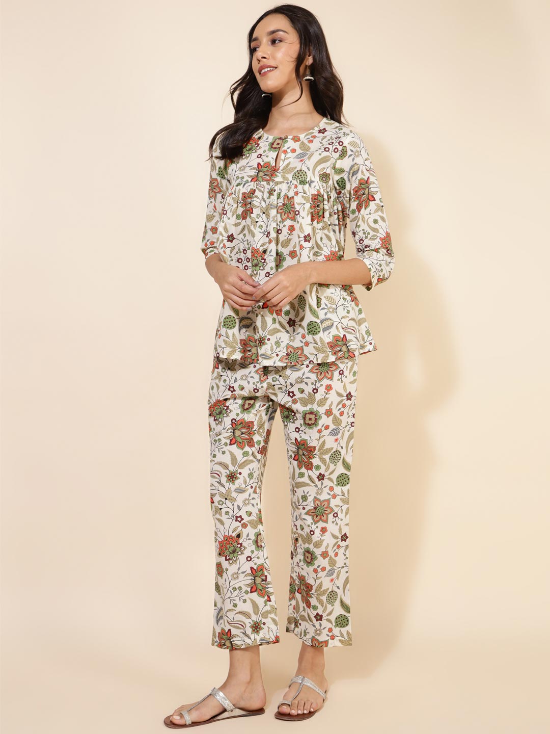 Off White Cotton Floral Pleated Co-Ord Set  - By Janasya