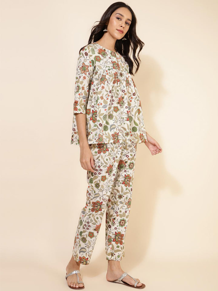 Off White Cotton Floral Pleated Co-Ord Set  - By Janasya