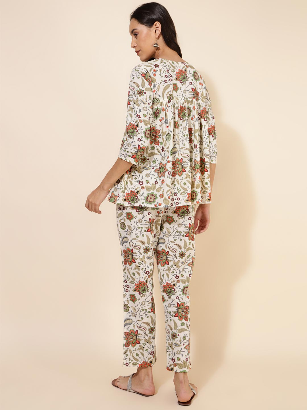 Off White Cotton Floral Pleated Co-Ord Set  - By Janasya