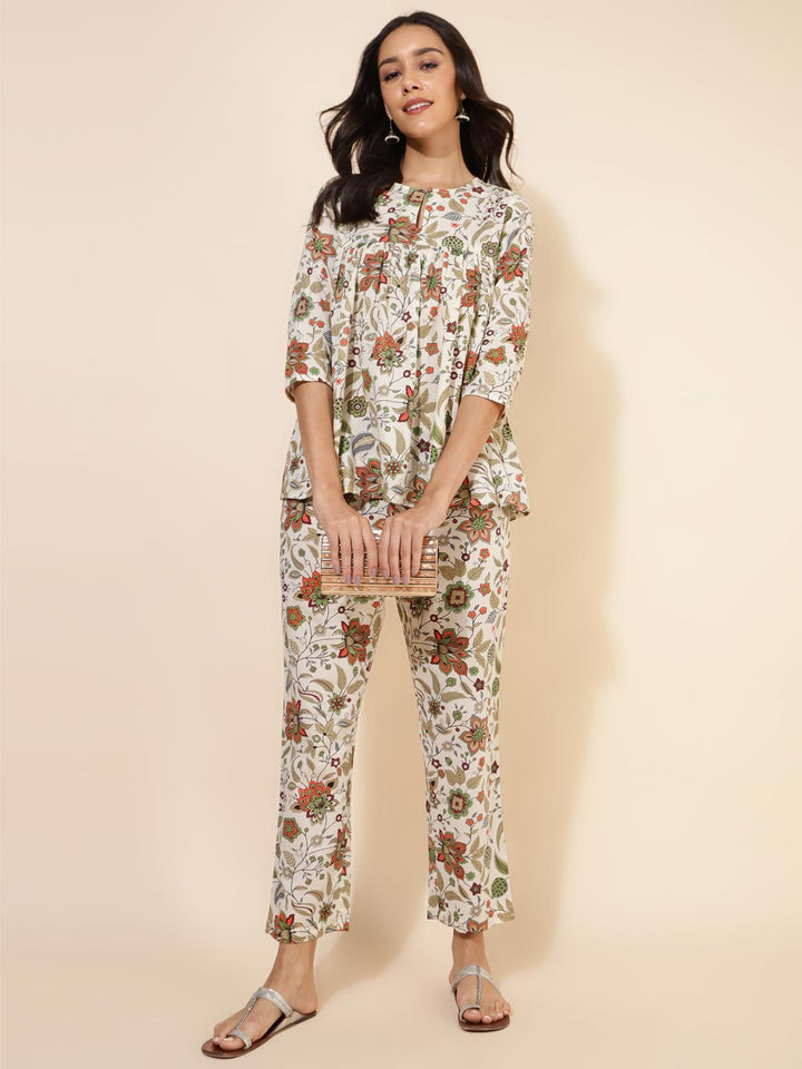 Off White Cotton Floral Pleated Co-Ord Set  - By Janasya