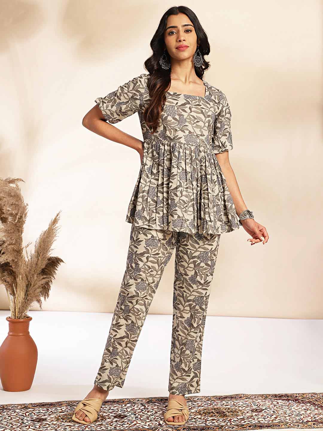 Beige Cotton Floral Co-ord Set  - By Janasya