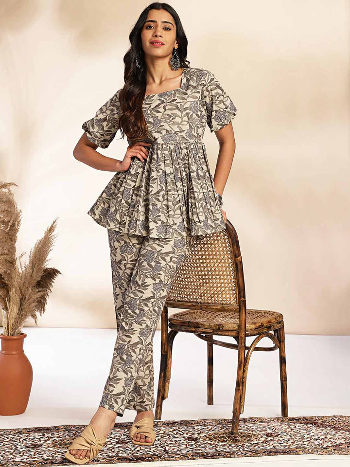 Beige Cotton Floral Co-ord Set  - By Janasya